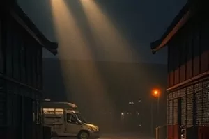 《面包与暴雨》横版剧照，暴雨中亮着灯的面包店橱窗
